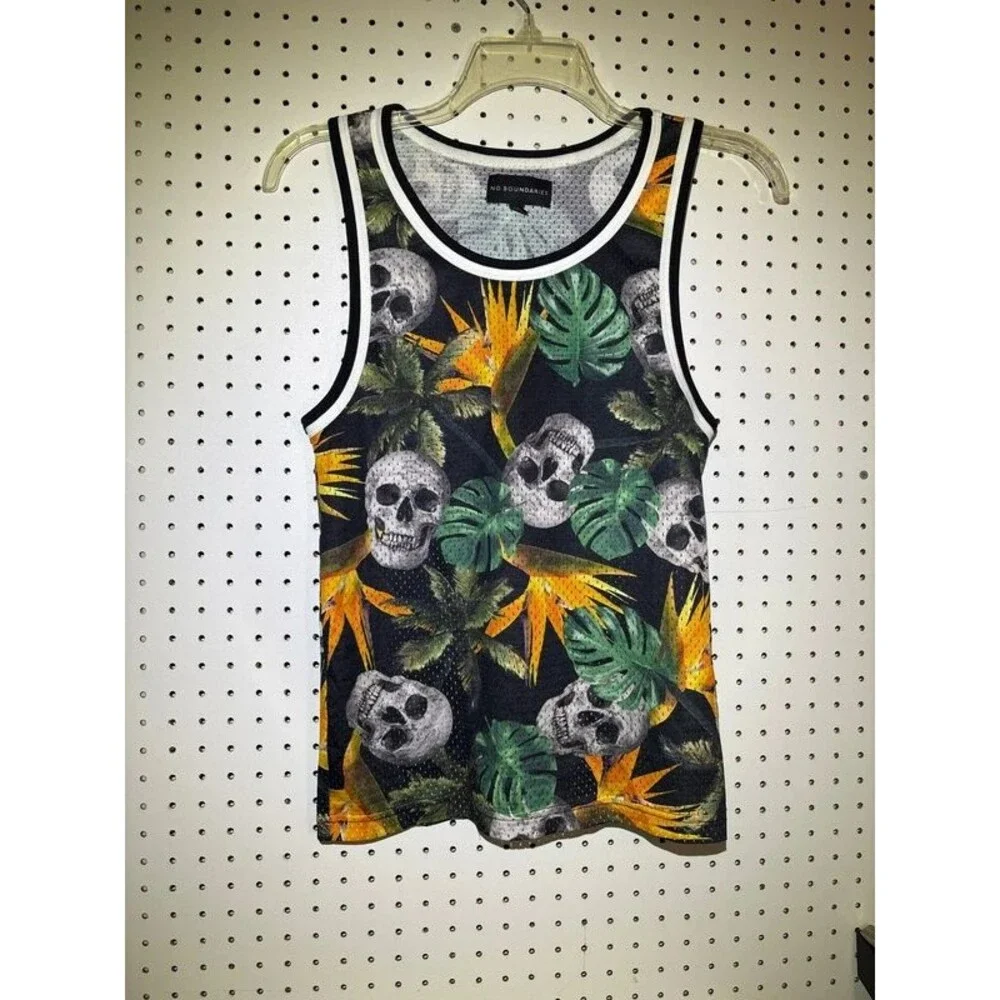 No Boundaries Men’s XS Tropical Skull Floral Mesh Tank Top Black Sleeveless